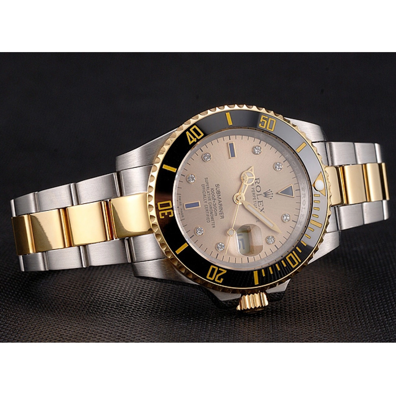 Aaa replica Bezel Black Markings Steel Swiss Diamond Tone Rolex Submariner Bracelet Dial Gold Two Gold 0521